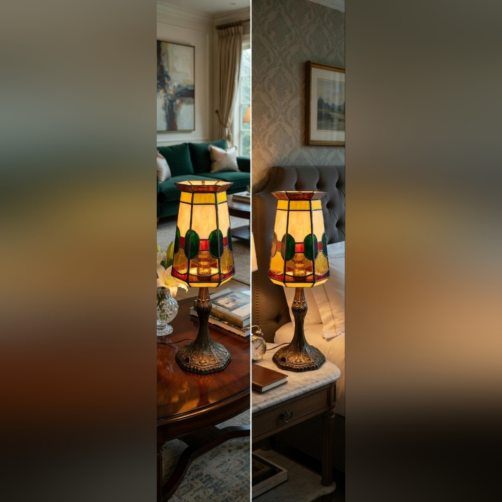 Vintage Tiffany‑Style Stained Glass Table Lamp • Hexagon Shade #GentlyGems